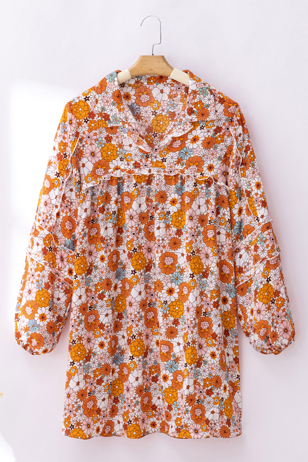 Orange Printed Split Neck Floral Pocketed Shift Dress Floral Dresses JT's Designer Fashion