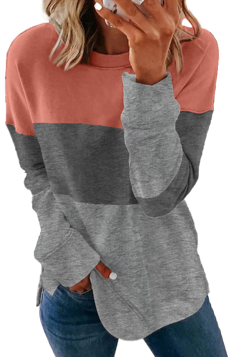 Colorblock Gray Contrast Stitching Sweatshirt with Slits Sweatshirts & Hoodies JT's Designer Fashion