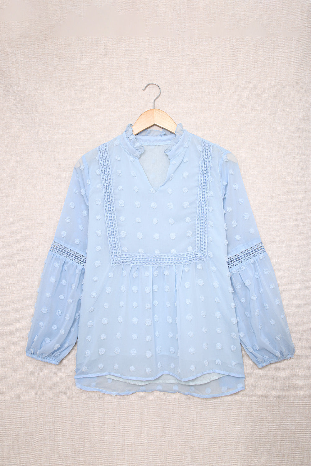 Blue Ruffled Split Neck Lace Hollow Out Puff Sleeve Polka Dot Blouse Long Sleeve Tops JT's Designer Fashion