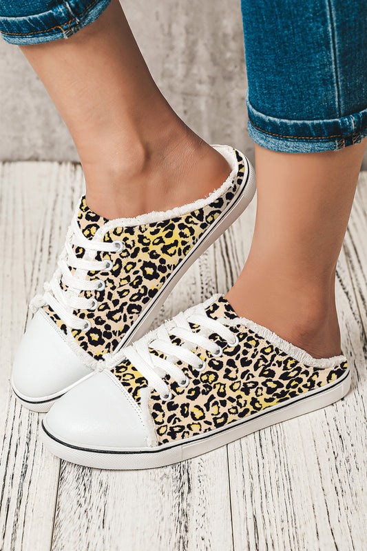Chestnut Leopard Print Lace Up Decor Canvas Slip On Shoes Slippers JT's Designer Fashion