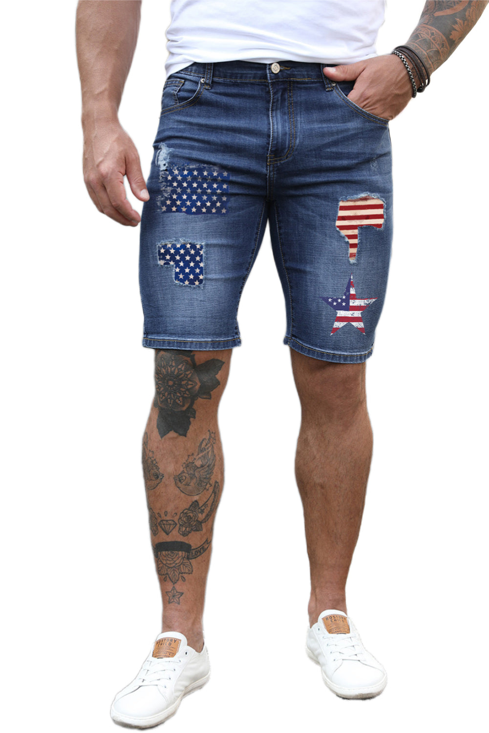 Blue American Flag Pattern Patchwork Men's Denim Shorts Men's Pants JT's Designer Fashion