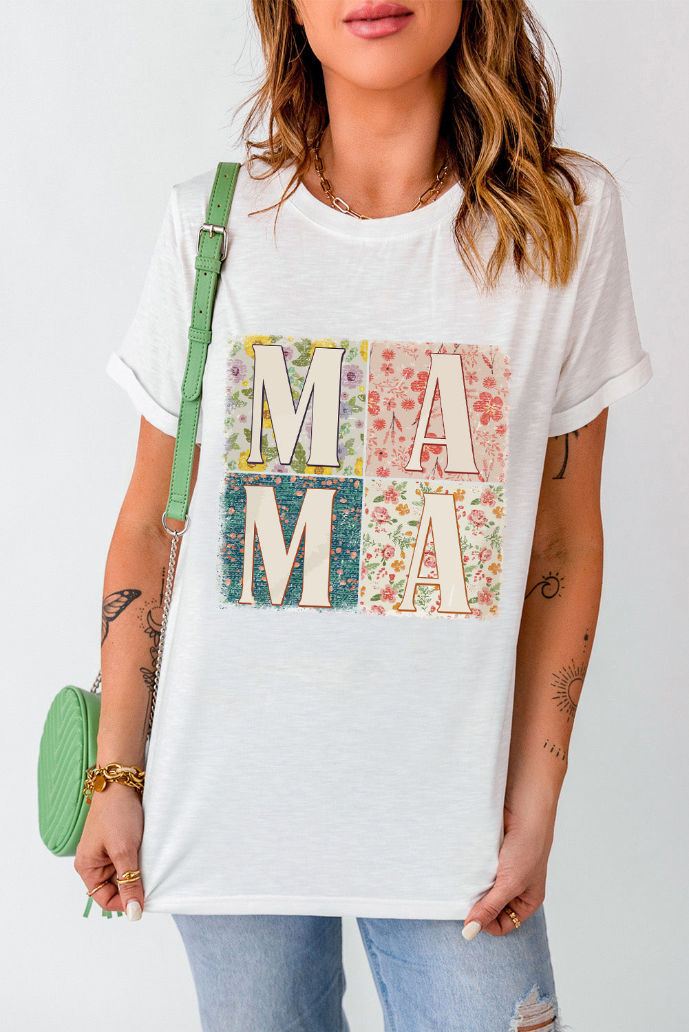 White MAMA Floral Block Graphic Casual T Shirt Graphic Tees JT's Designer Fashion