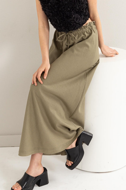 HYFVE Drawstring Washed Linen Maxi Skirt Olive Skirts JT's Designer Fashion