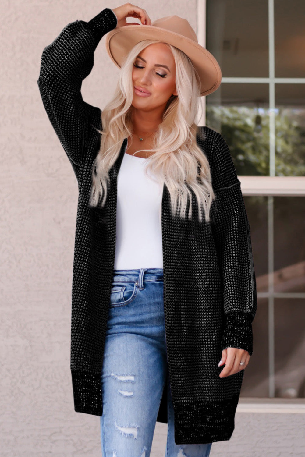 Black Plaid Knitted Long Open Front Cardigan Sweaters & Cardigans JT's Designer Fashion