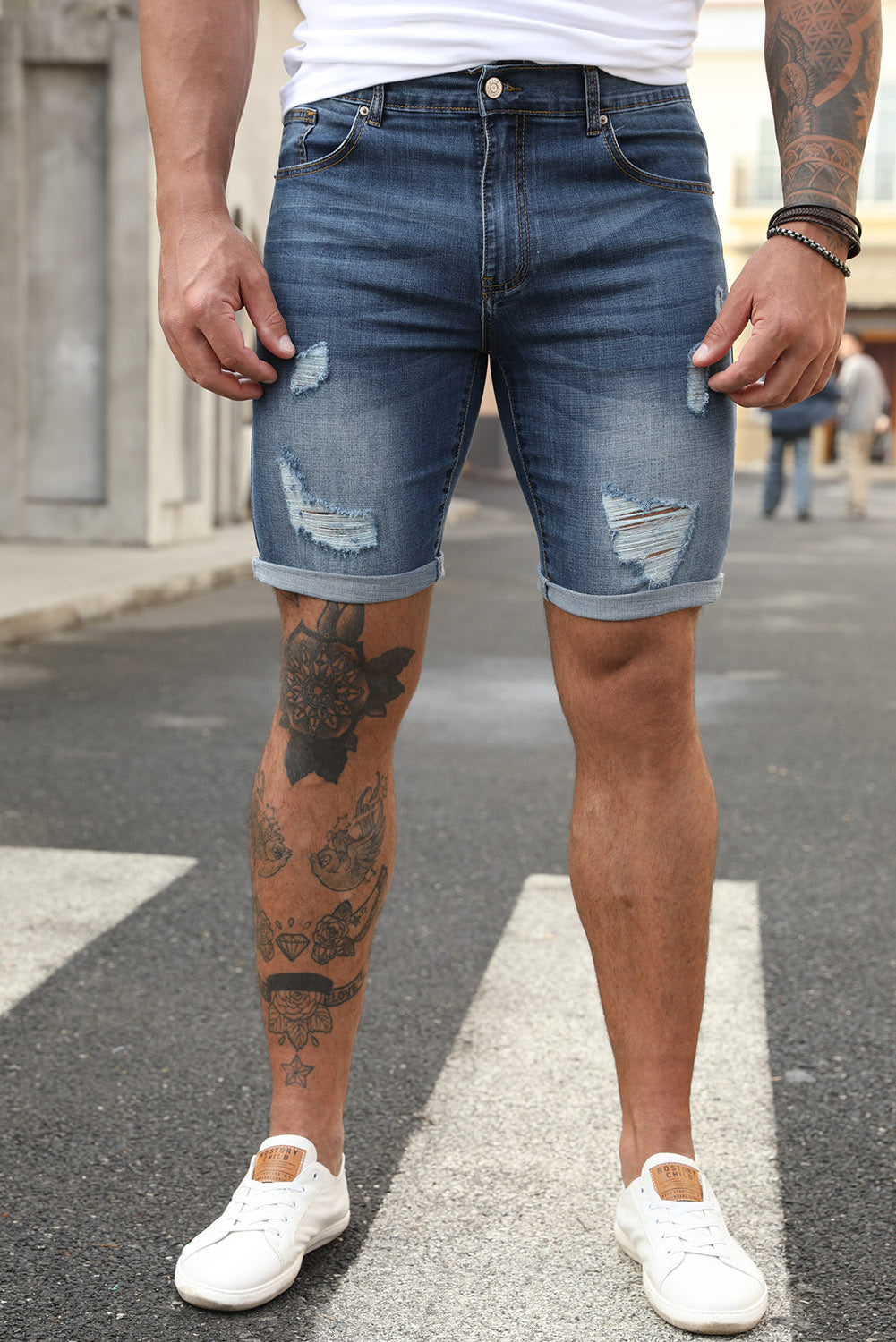Blue Slim-fit Distressed Men's Denim Shorts Blue 70%Cotton 29%Polyester 1%Elastane Men's Pants JT's Designer Fashion