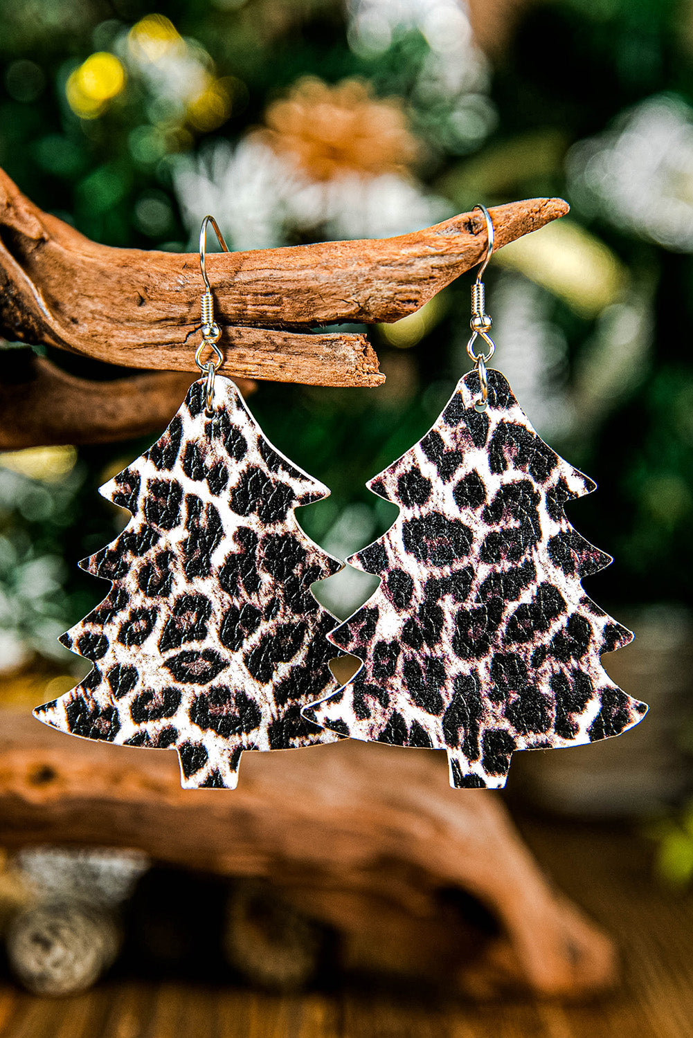 Christmas Tree Leopard Print Faux Leather Dangle Earrings Jewelry JT's Designer Fashion