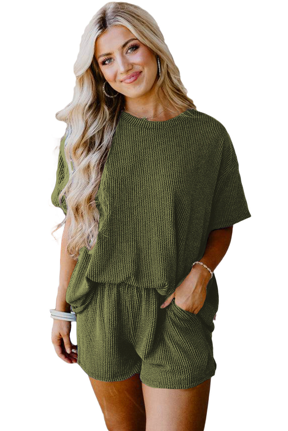 Jungle Green Ribbed Textured Knit Loose Fit Tee and Shorts Set Pre Order Bottoms JT's Designer Fashion