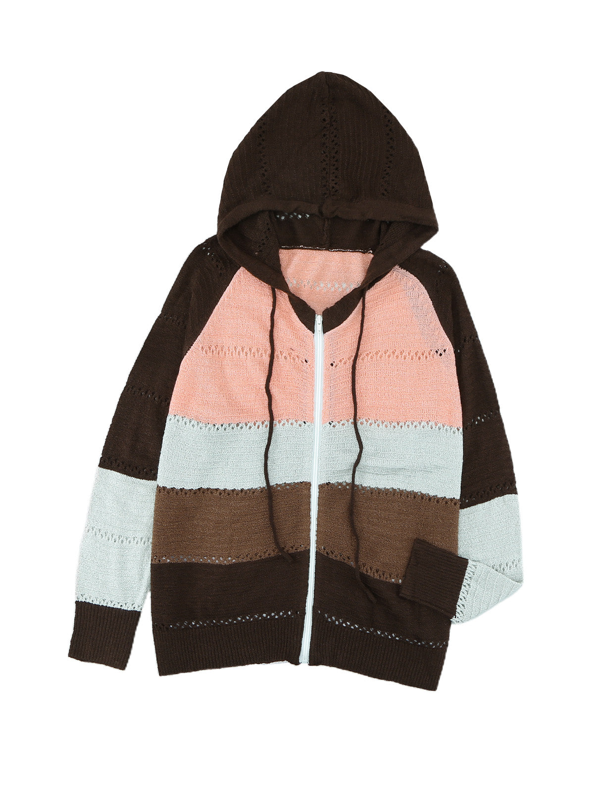 Brown Zipped Front Colorblock Hollow-out Knit Hoodie Sweatshirts & Hoodies JT's Designer Fashion
