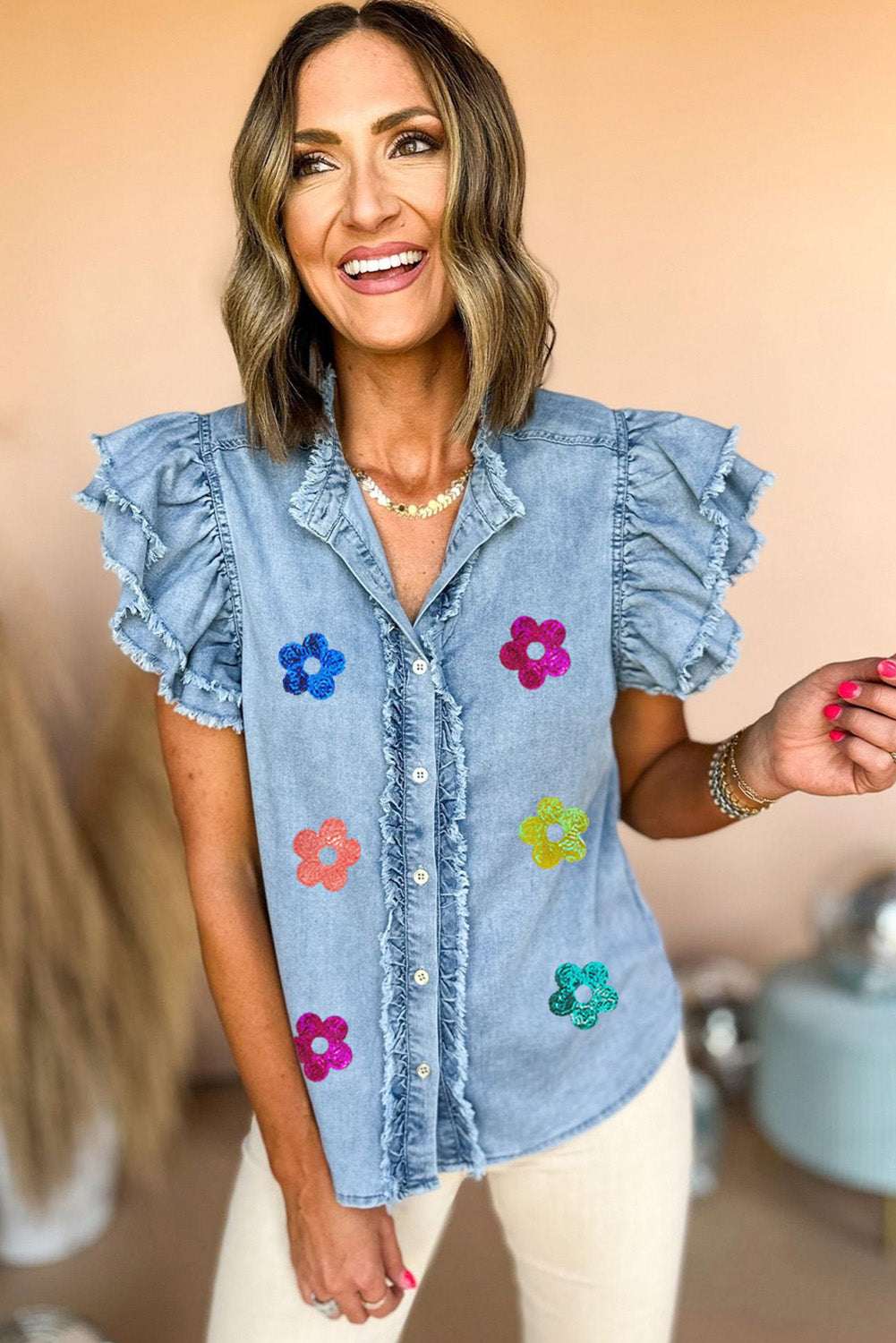 Beau Blue Sequin Flower Graphic Ruffled Sleeve Frayed Denim Top Graphic Tees JT's Designer Fashion