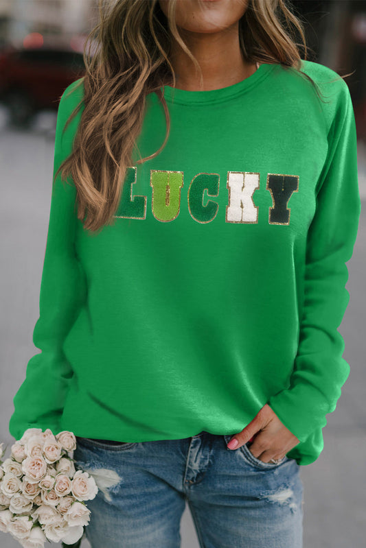 Green St Patricks LUCKY Chenille Embroidered Graphic Sweatshirt Green 85%Polyester+10%Cotton+5%Elastane Graphic Sweatshirts JT's Designer Fashion