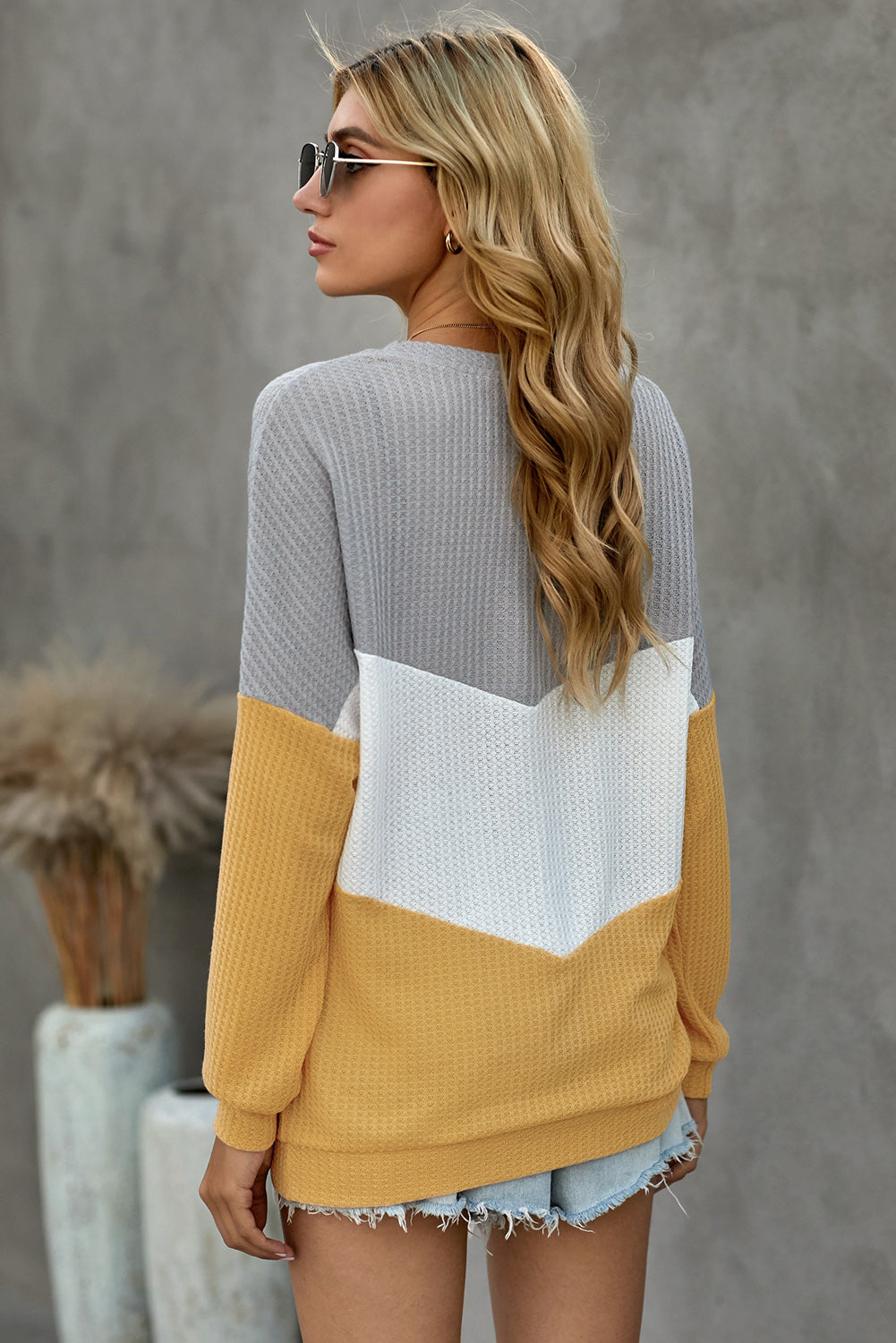 Yellow Chevron Waffle Colorblock Pullover Sweatshirt Sweatshirts & Hoodies JT's Designer Fashion