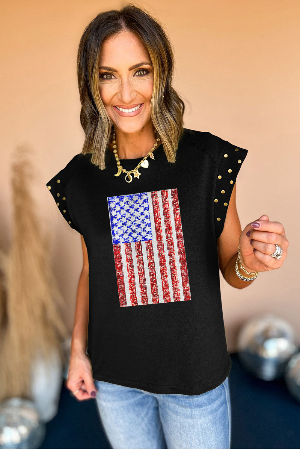 Black Sequined American Flag Graphic Studded Cap Sleeve T Shirt Graphic Tees JT's Designer Fashion