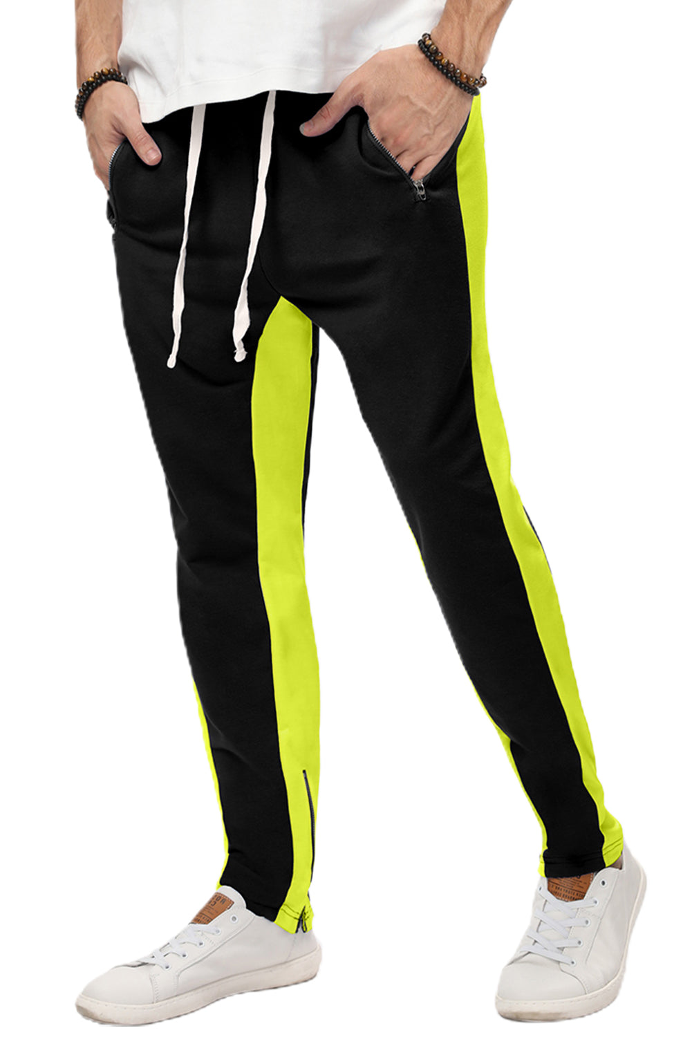 Yellow Colorblock Patchwork Zipper Casual Mens Joggers Men's Pants JT's Designer Fashion