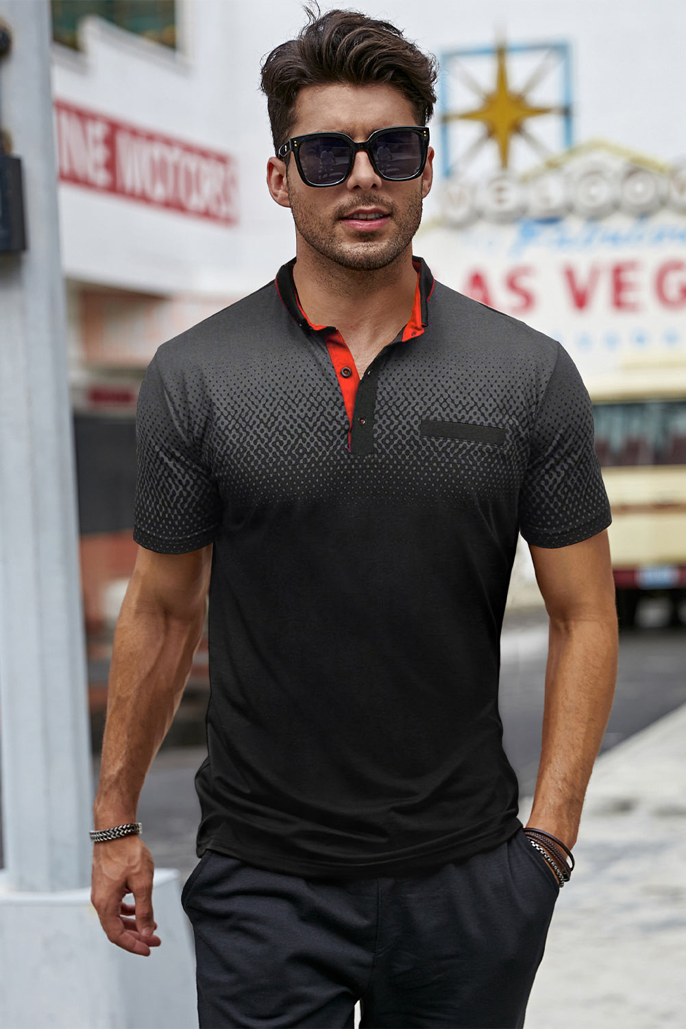 Black Gradient Color Short Sleeve Henley Men Men's Tops JT's Designer Fashions T-shirt Men's Tops JT's Designer Fashion