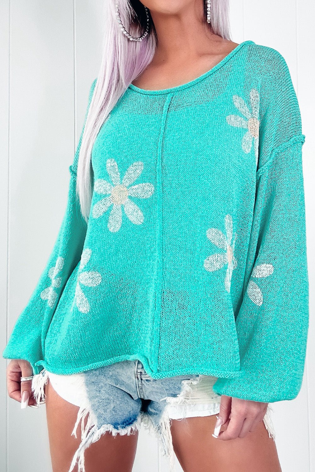 Turquoise Raw Edge Daisy Knitted Drop Shoulder Sweater Pre Order Sweaters & Cardigans JT's Designer Fashion