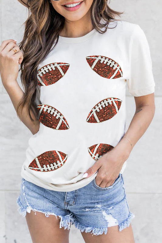White Sequined Rugby Graphic Cotton T Shirt Graphic Tees JT's Designer Fashion