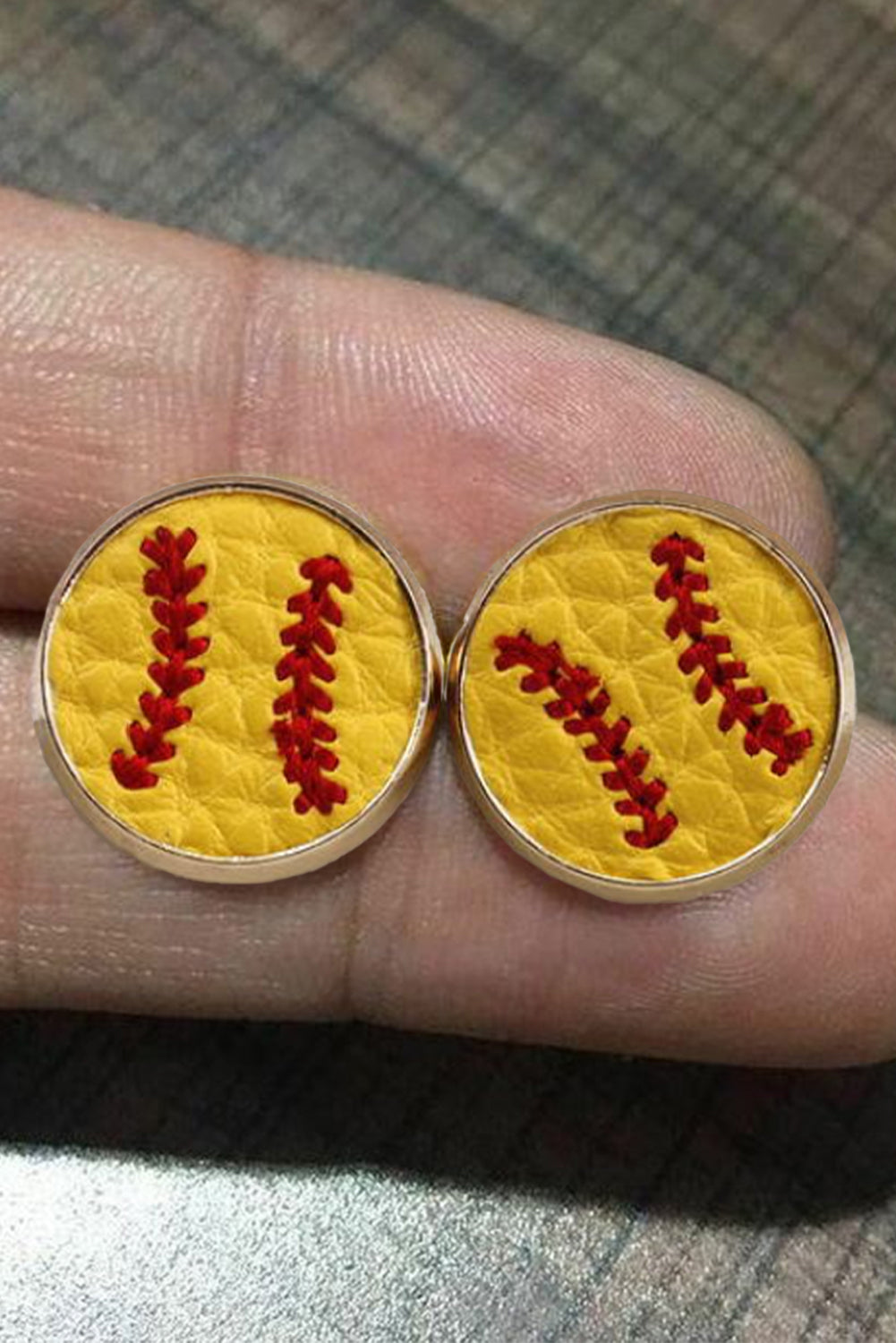 Yellow Baseball Leather Embroidered Stud Earrings Jewelry JT's Designer Fashion