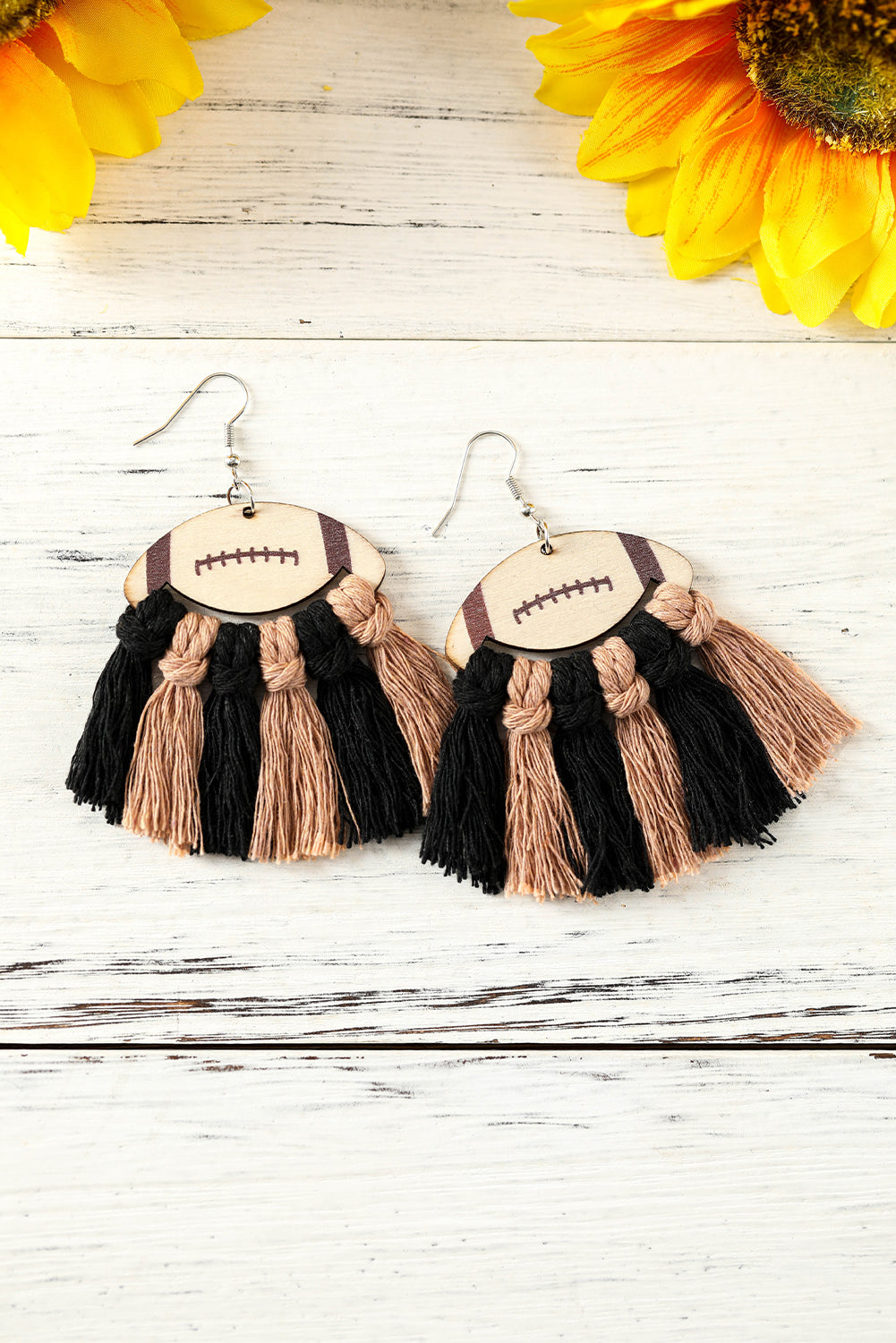 Brown Rugby Shape Color Block Braided Tasseled Drop Earrings Jewelry JT's Designer Fashion