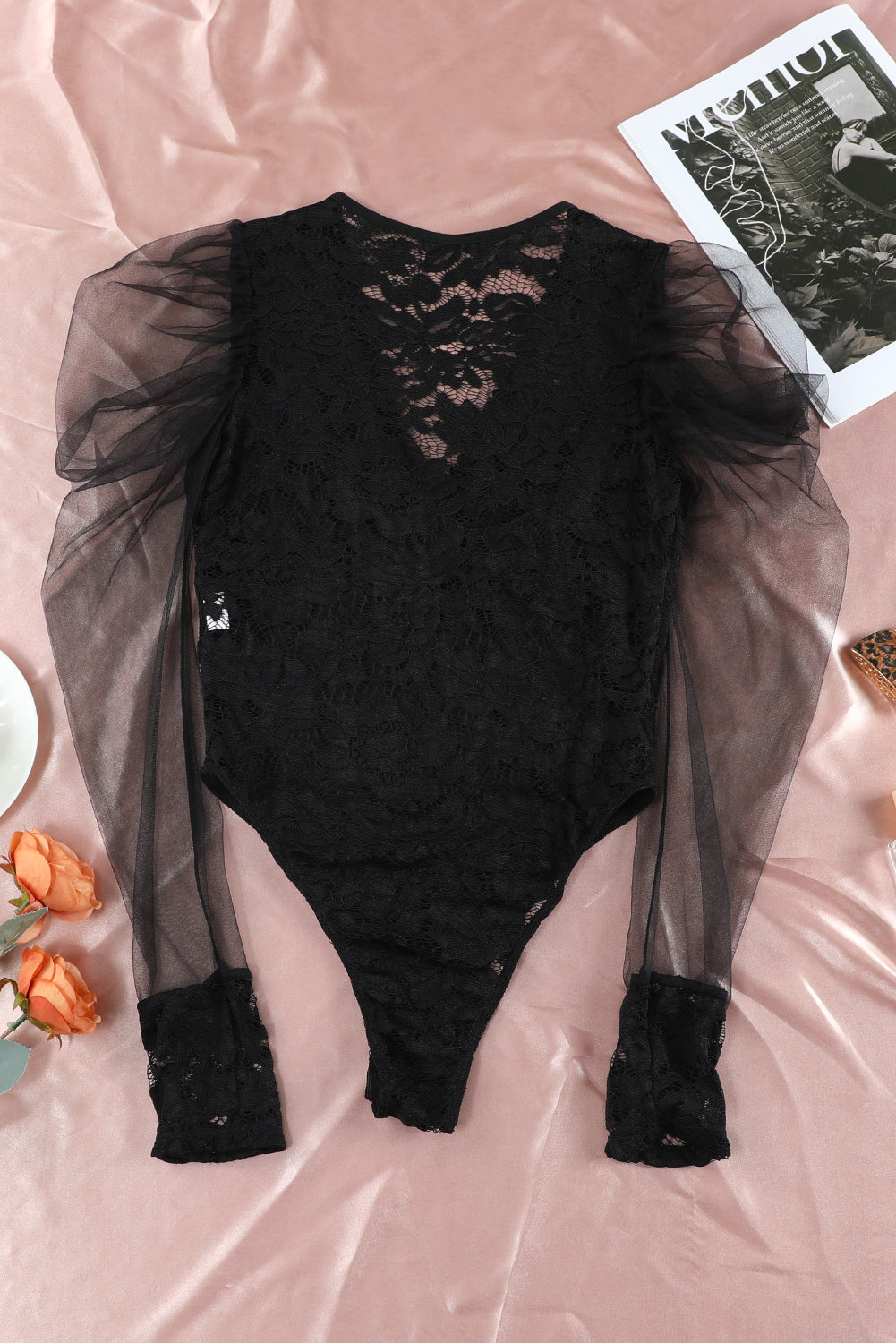 Black V Neck Lace Sheer Puff Sleeve Bodysuit Bodysuits JT's Designer Fashion