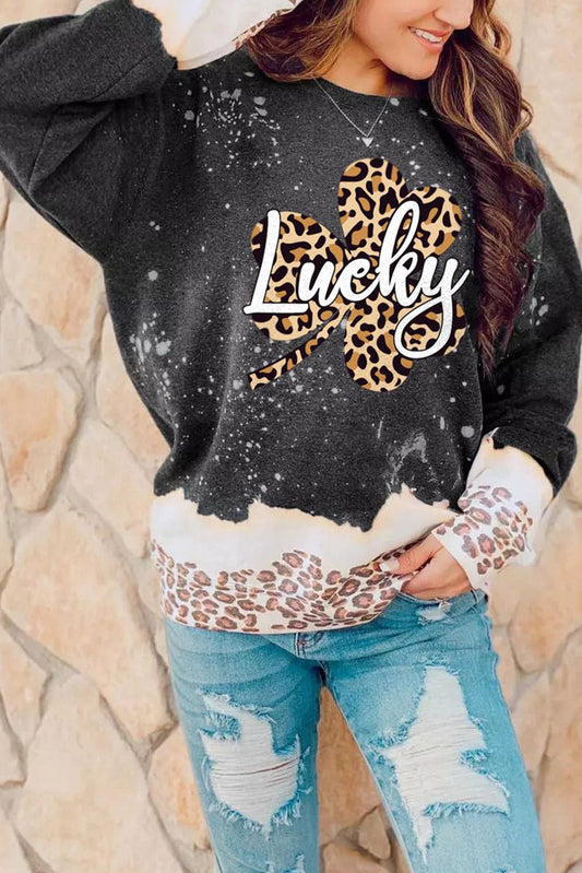 Black Lucky Clover Leopard Bleached Graphic Sweatshirt Graphic Sweatshirts JT's Designer Fashion