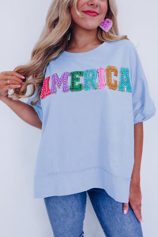 Mist Blue Shiny AMERICA Patched Pattern Split T Shirt Pre Order Tops JT's Designer Fashion