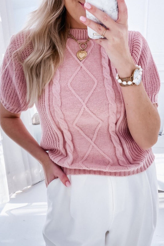 Pink Twist Knit Slim Fit Short Sleeve Sweater