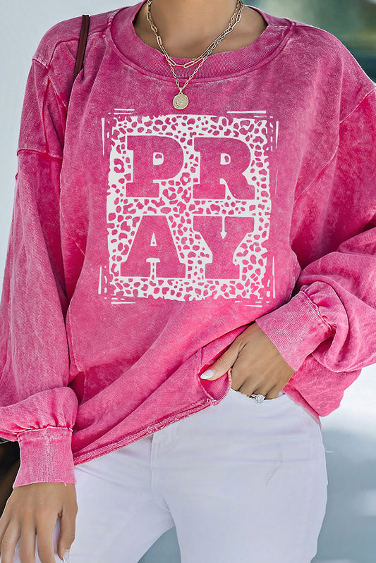 Rose Mineral Wash PRAY Leopard Print Sweatshirt Graphic Sweatshirts JT's Designer Fashion