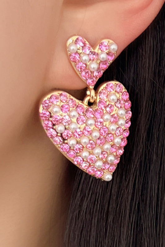 Pink Rhinestone Pearl Dual Heart Shape Valentine Earrings Jewelry JT's Designer Fashion