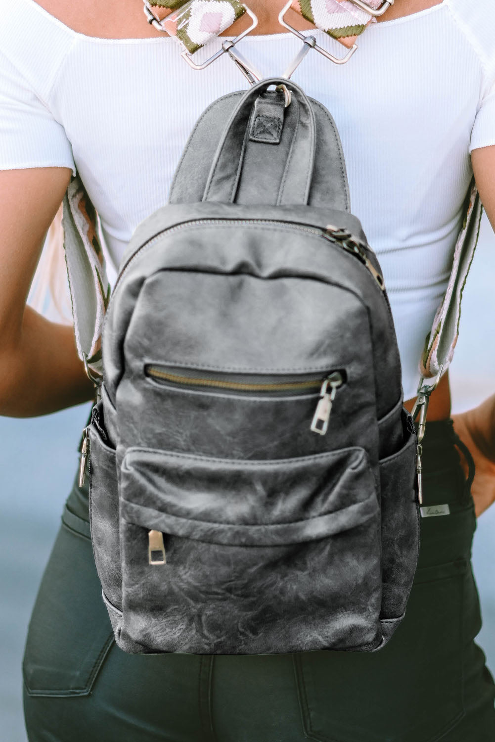 Gray Double Zipper Faux Leather Backpack Backpacks JT's Designer Fashion