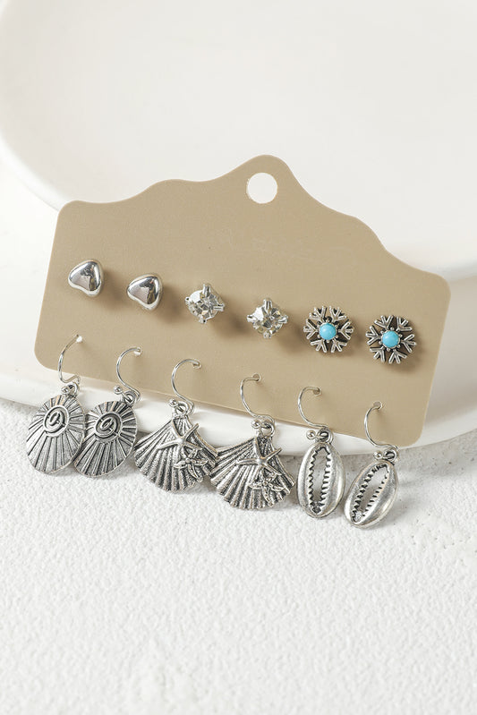 Silver 6pcs Set Beach Inspired Seashell and Diamond Earrings Jewelry JT's Designer Fashion