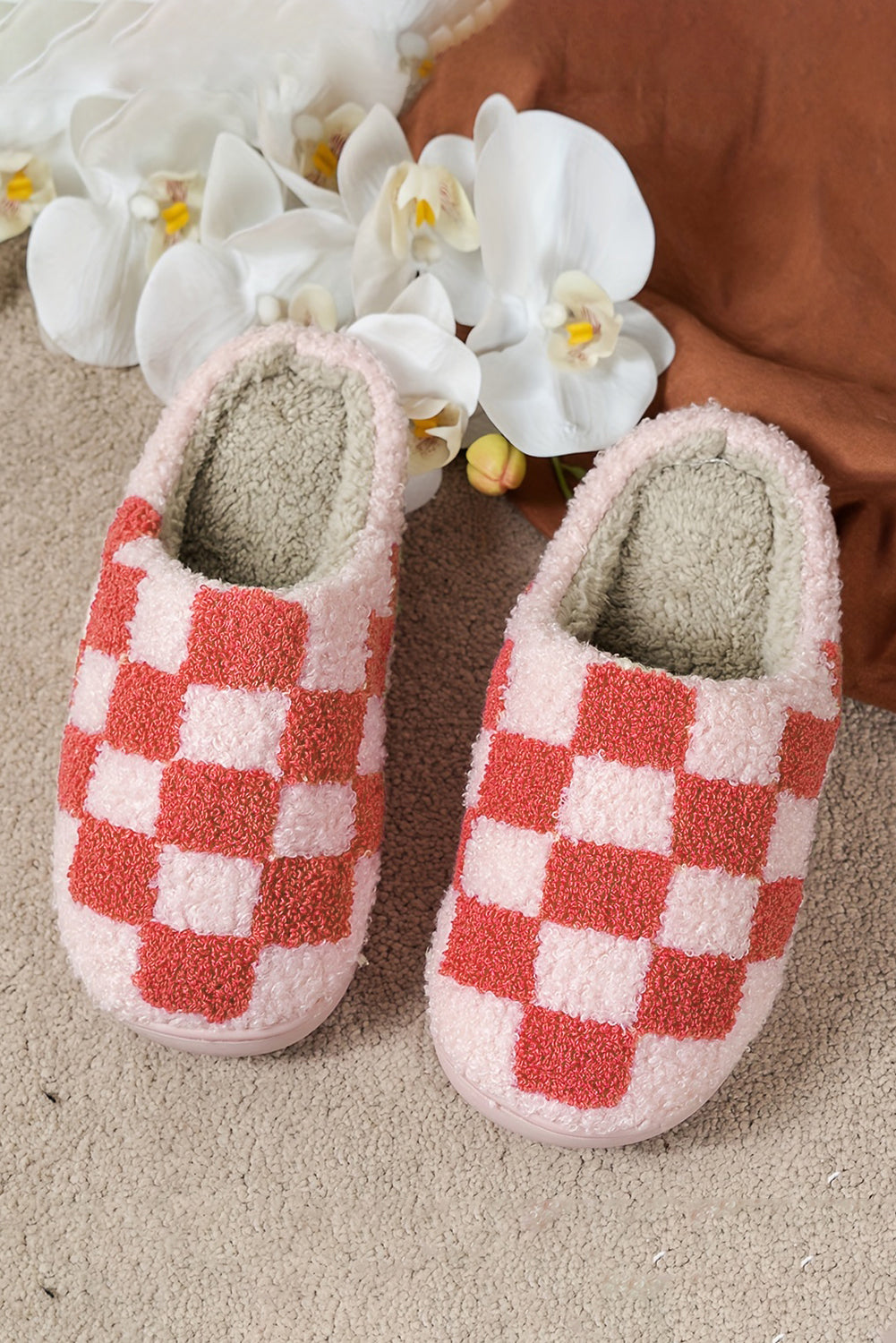 Fiery Red Checkered Print Fuzzy Slip On Winter Slippers Slippers JT's Designer Fashion
