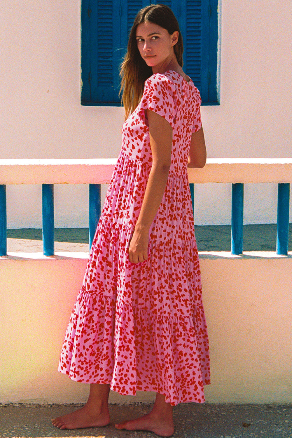 Pink Boho Printed Short Sleeve Flare Tiered Dress Pre Order Dresses JT's Designer Fashion