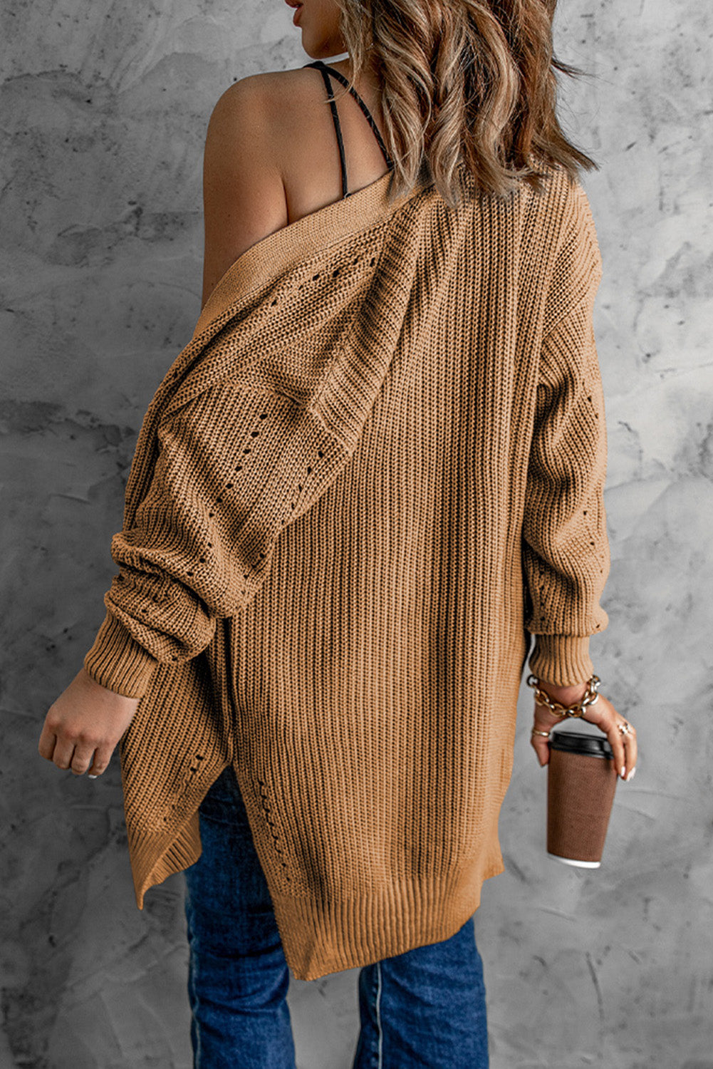 Apricot Drop Sleeve Cable Knit Cardigan with Slits Sweaters & Cardigans JT's Designer Fashion