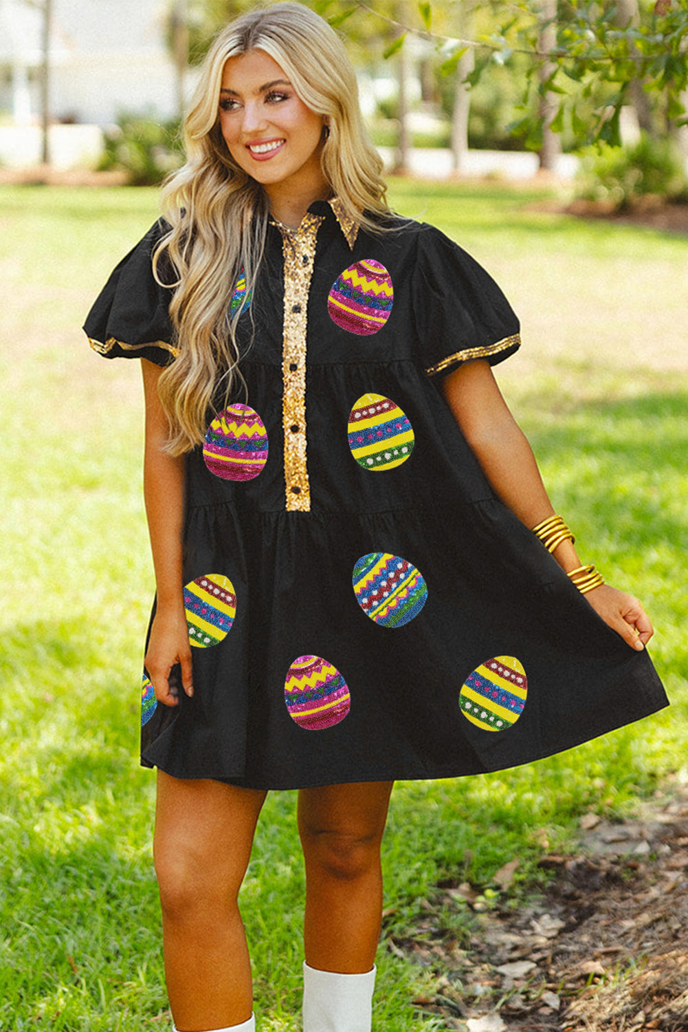 Black Glistening Easter Egg Sequin Trim Half Button Puff Sleeve Dress Graphic Dresses JT's Designer Fashion