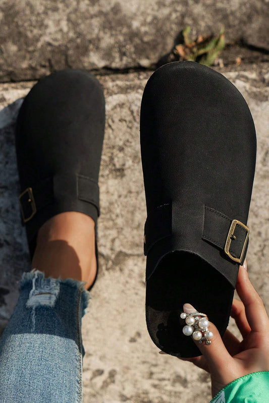 Black Suede Buckle Detail Slippers Slippers JT's Designer Fashion