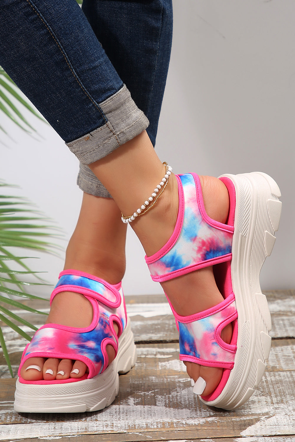 Strawberry Pink Tie Dye Print Hollow Out Velcro Platform Sandals Sandals JT's Designer Fashion