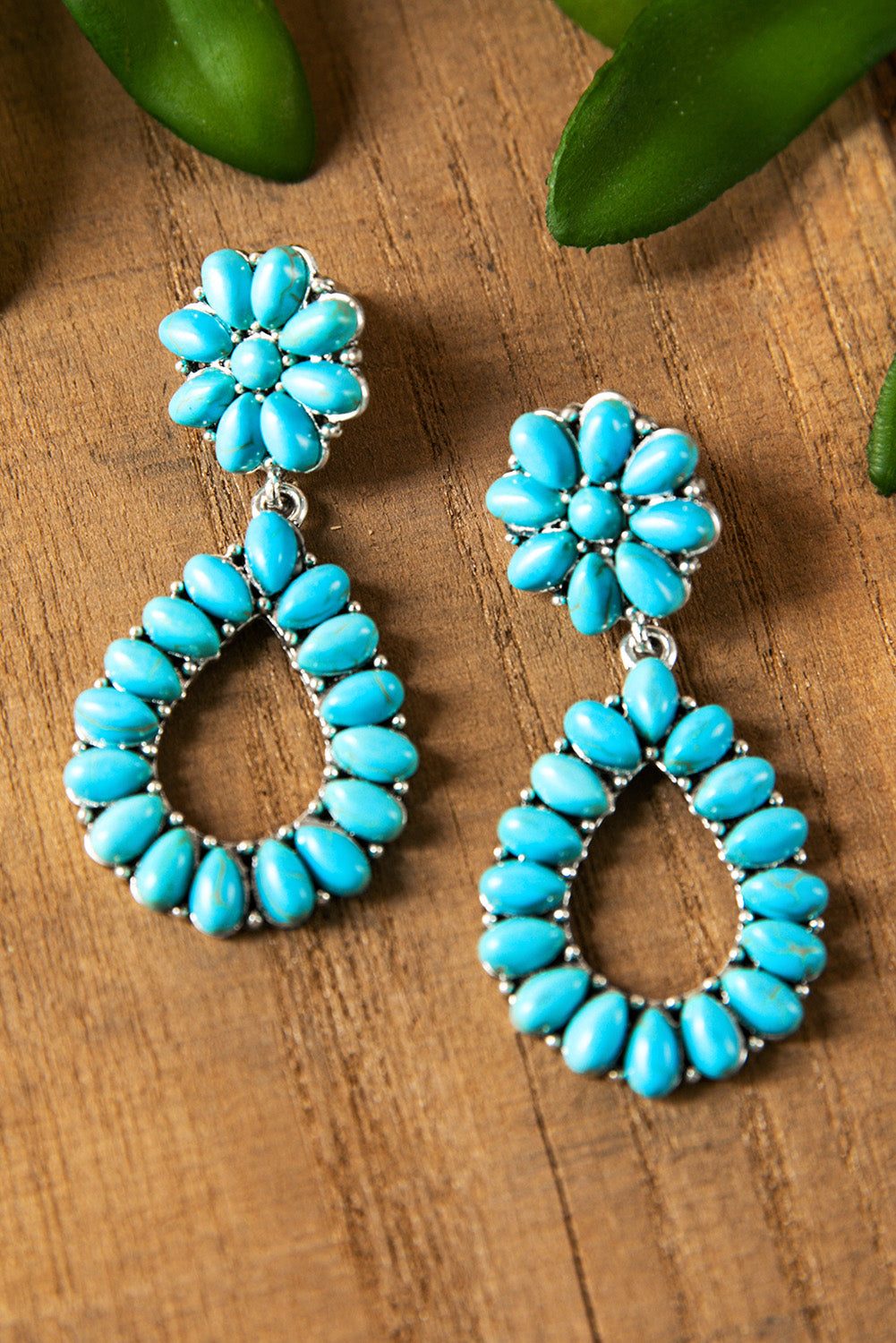 Turquoise Flower Teardrop Stone Earrings Jewelry JT's Designer Fashion