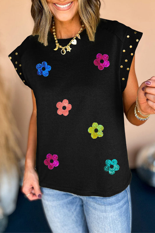 Black Shiny Flower Graphic Studded Cap Sleeve T Shirt Graphic Tees JT's Designer Fashion