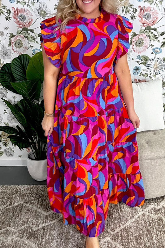 Multicolour Plus Abstract Print Ruffled Mock Neck Tiered Maxi Dress Pre Order Plus Size JT's Designer Fashion