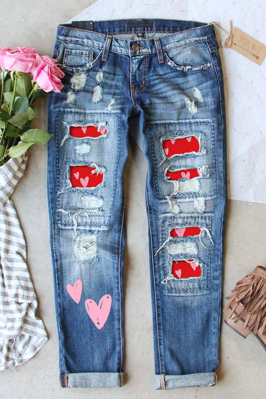 Sky Blue Heart Shaped Patchwork Straight Leg Distressed Jeans Graphic Pants JT's Designer Fashion