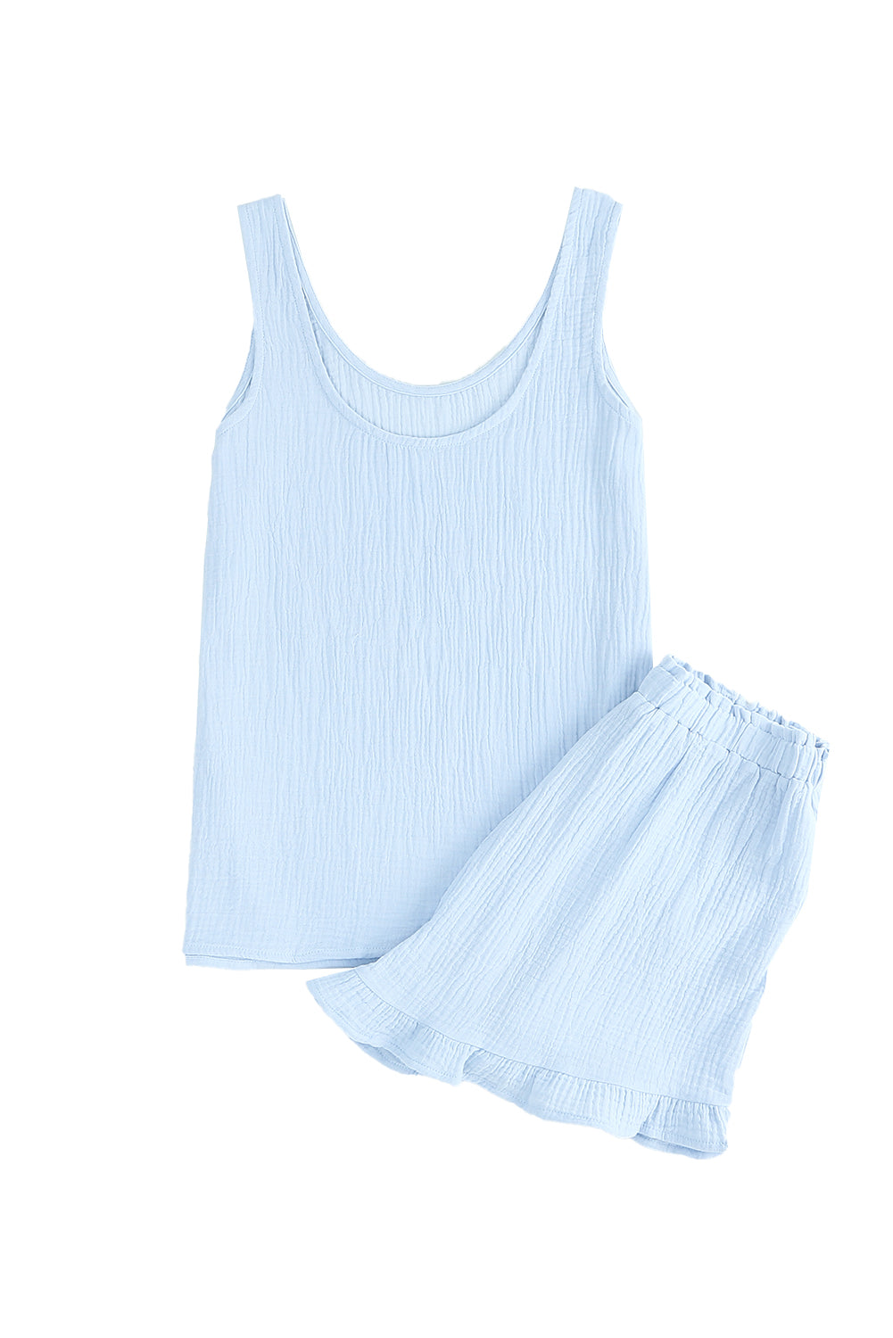 Sky Blue Textured U Neck Tank Top and High Waist Shorts Set Short Sets JT's Designer Fashion