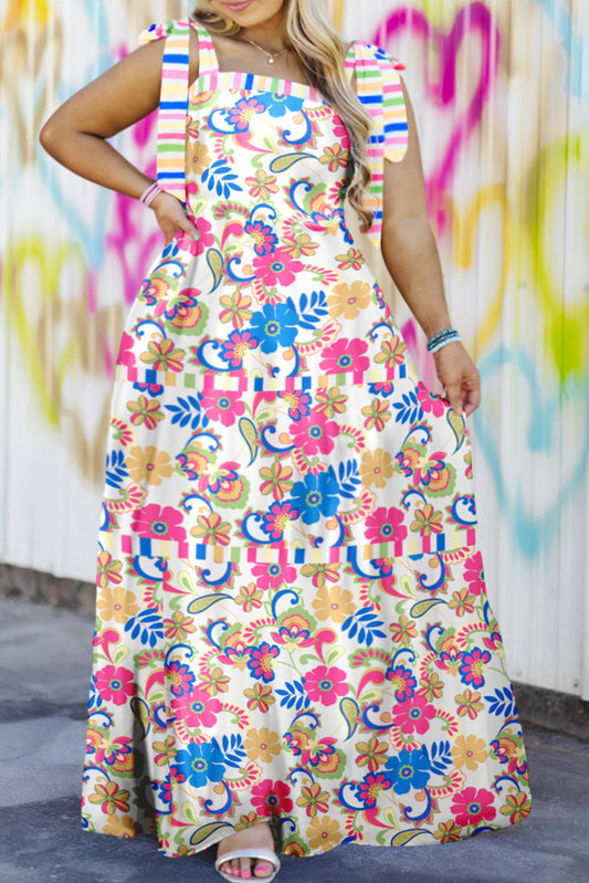 Rose Floral Print Striped Tied Straps Plus Maxi Dress Pre Order Plus Size JT's Designer Fashion