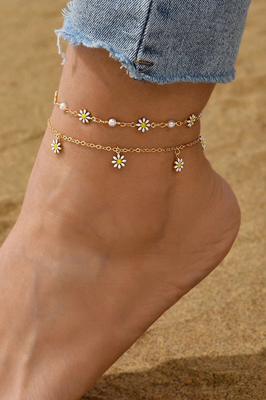 Gold Daisy & Pearl Chain Anklet Jewelry JT's Designer Fashion