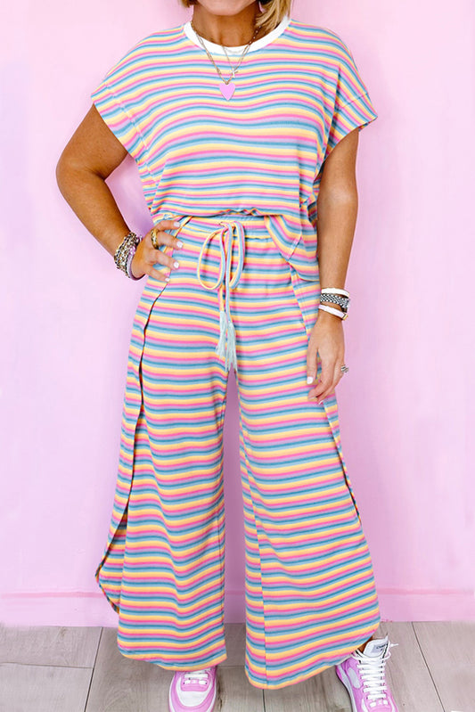 Purple Stripe Rainbow Plus Top Tassel Drawstring Wrap Leg Pants Set Pre Order Plus Size JT's Designer Fashion