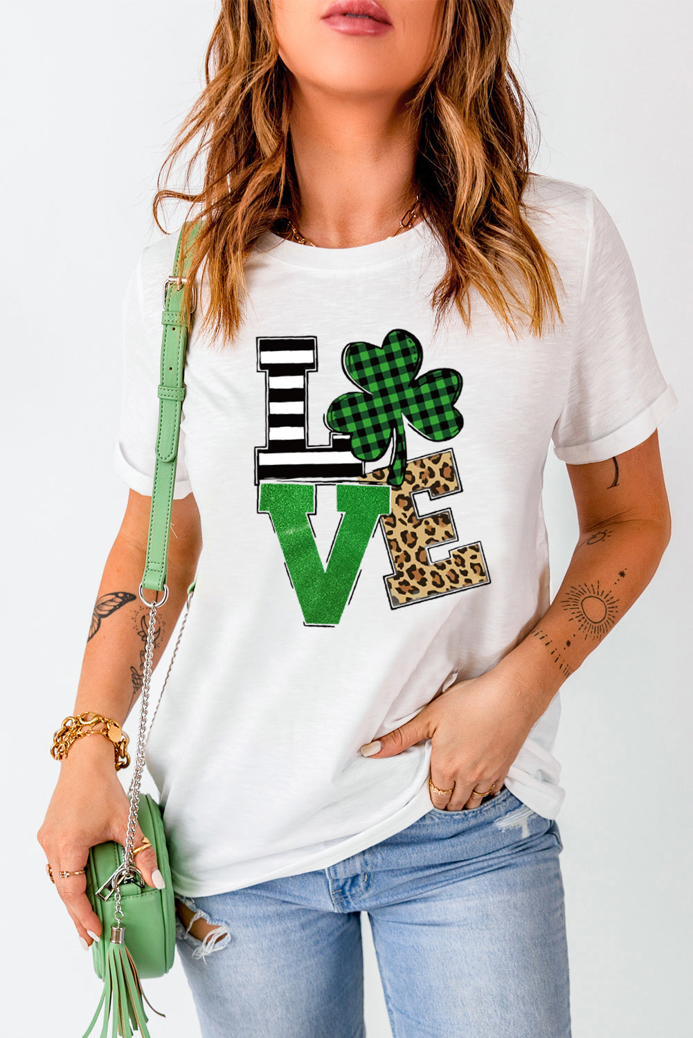 White LOVE Clover Glitter Graphic Print Crew Neck T Shirt Graphic Tees JT's Designer Fashion
