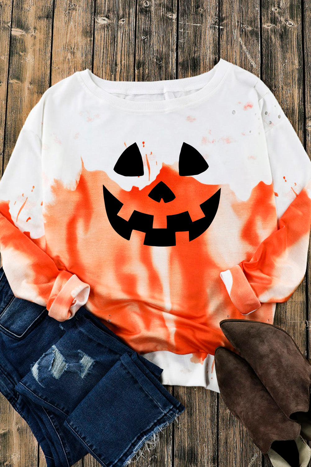 Orange Tie Dye Halloween Spooky Face Graphic Sweatshirt Graphic Sweatshirts JT's Designer Fashion
