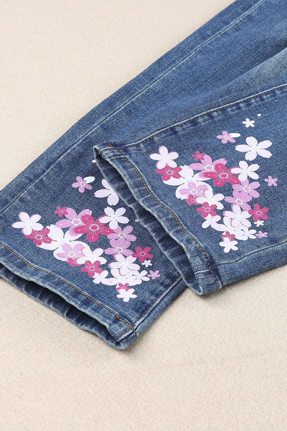 Sky Blue Cherry Blossom Pattern Splicing Mid Waist Distressed Jeans Graphic Pants JT's Designer Fashion