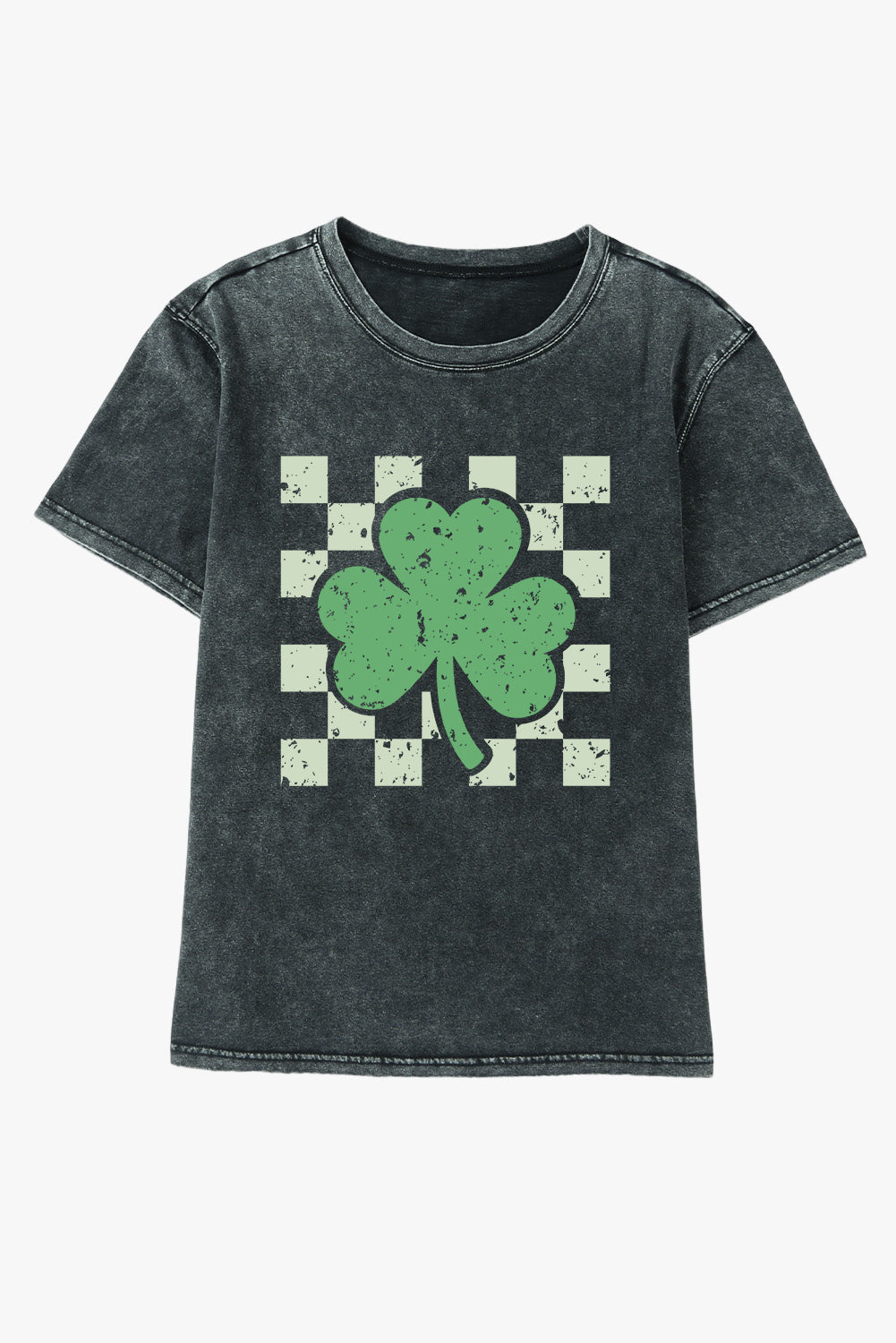 Black Clover Checkered Print Mineral Wash Crewneck T Shirt Graphic Tees JT's Designer Fashion