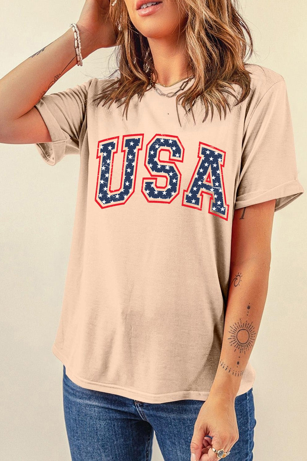 Khaki Starry USA Lettering Independent Day T-shirt Graphic Tees JT's Designer Fashion