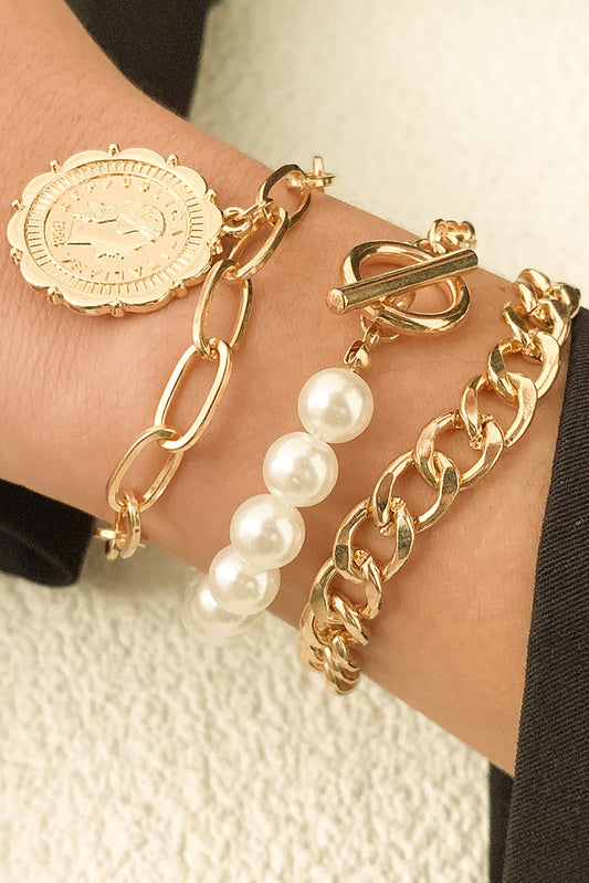 Retro Gold Pearl Chain Bracelet Set Jewelry JT's Designer Fashion